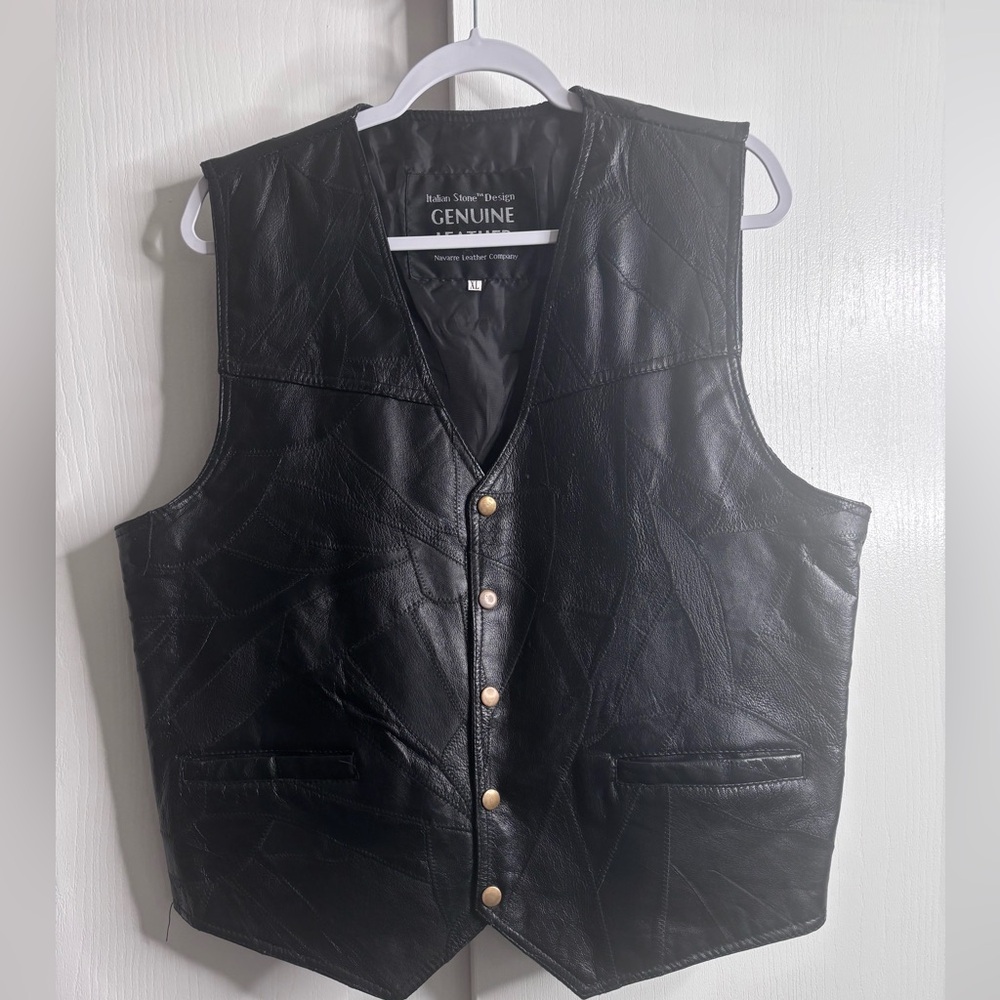 Italian Stone Design Genuine Leather Patchwork Vest Black Snap Front Men’s XL